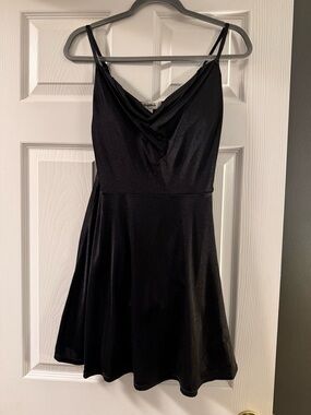 Satin-Effect Black Cowl Neck Mini Dress with Spaghetti Straps